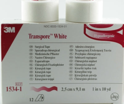 3M Transpore Surgical Tape, 1-2 in x 10 yd, White (Box of 12)