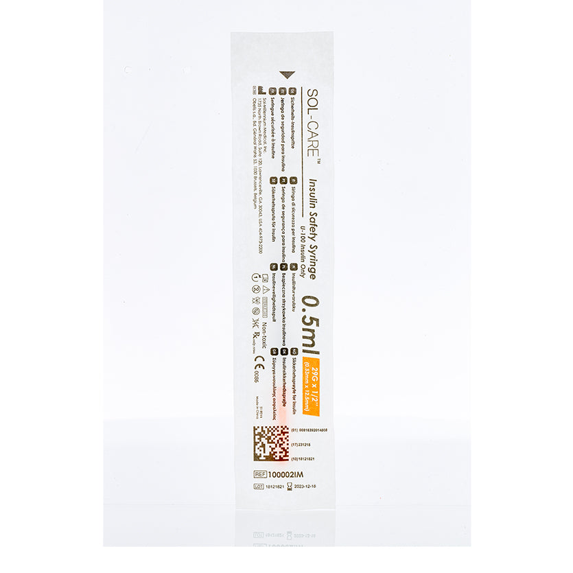 BX/100 - SOL-CARE 0.5ml Insulin Safety Syringe w/Fixed Needle 30G*8mm (U-100 Insulin Only)