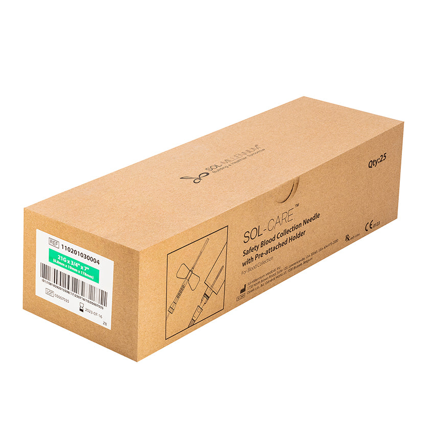 BX/25 - SOL-CARE Safety Blood Collection Needle w/Pre-attached Holder 21G*3/4*12inch
