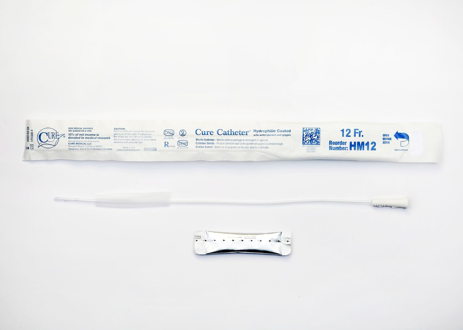 Cure Male Intermittent Catheter, 12-16FR, 16 in, Straight Tip, Hydrophilic (Box of 30)