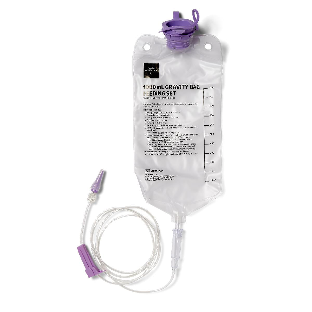 EntraFlo Gravity Administration Feeding Set with 1000 mL Bag & Attached ENFit Transitional Tube Connector (Case of 30)