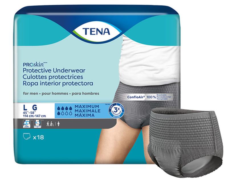 Cs/4Pkg (18/Pkg) Tena Proskin Underwear For Men, Maximum Absorbency,Grey, Size Large 114-147Cm