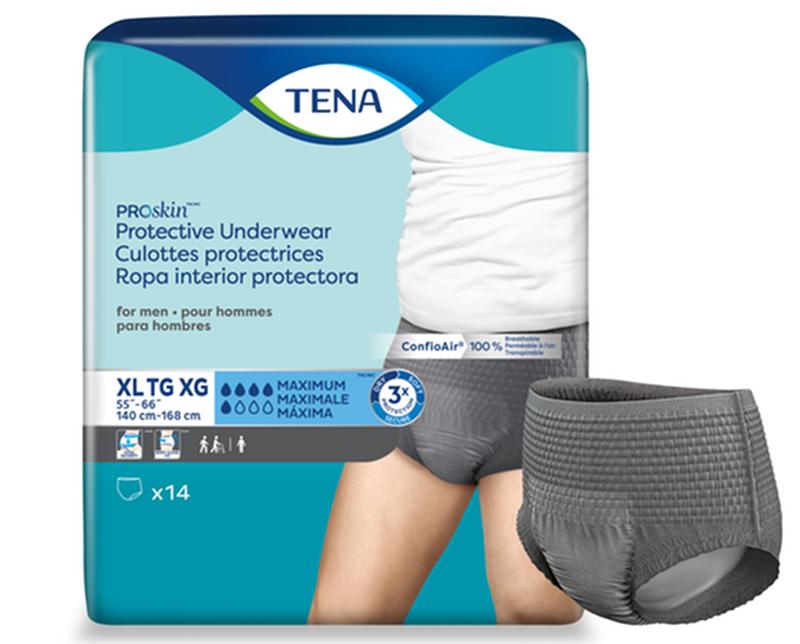 Cs/4Pkg (14/Pkg) Tena Proskin Underwear For Men, Maximum Absorbency,Grey, Size X-Large 140-168Cm