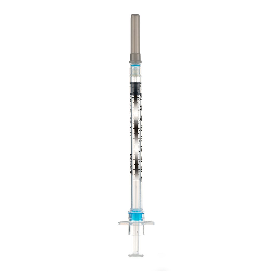 BX/100 - SOL-CARE 1ml TB Safety Syringe w/Fixed Needle 22G*1 1/2
