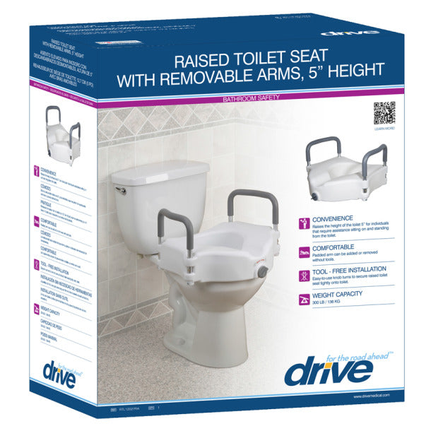 Drive Medical Elevated Raised Toilet Seat with Removable Padded Arms, Standard Seat