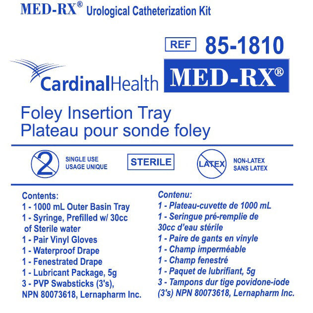 Foley Insertion Tray Urological Kit – 30 cc Syringe with Water, Gloves, Drape, Lube, PVP Swabsticks (Each)