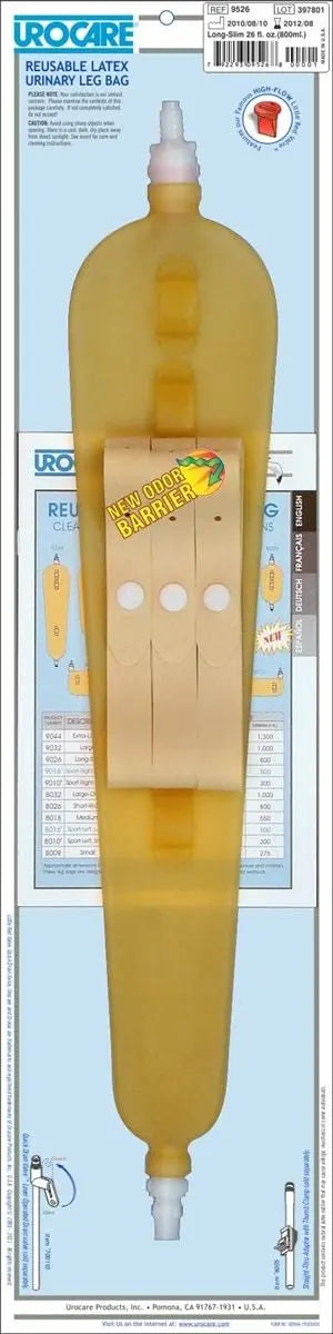 URO 9526 EA/1 REUSABLE URINARY LEG BAG,WITH ODOR BARRIER LONG SLIM 20-3/8" X 3 3/4" ANTI REFLUX VALVE,LATEX,26OZ