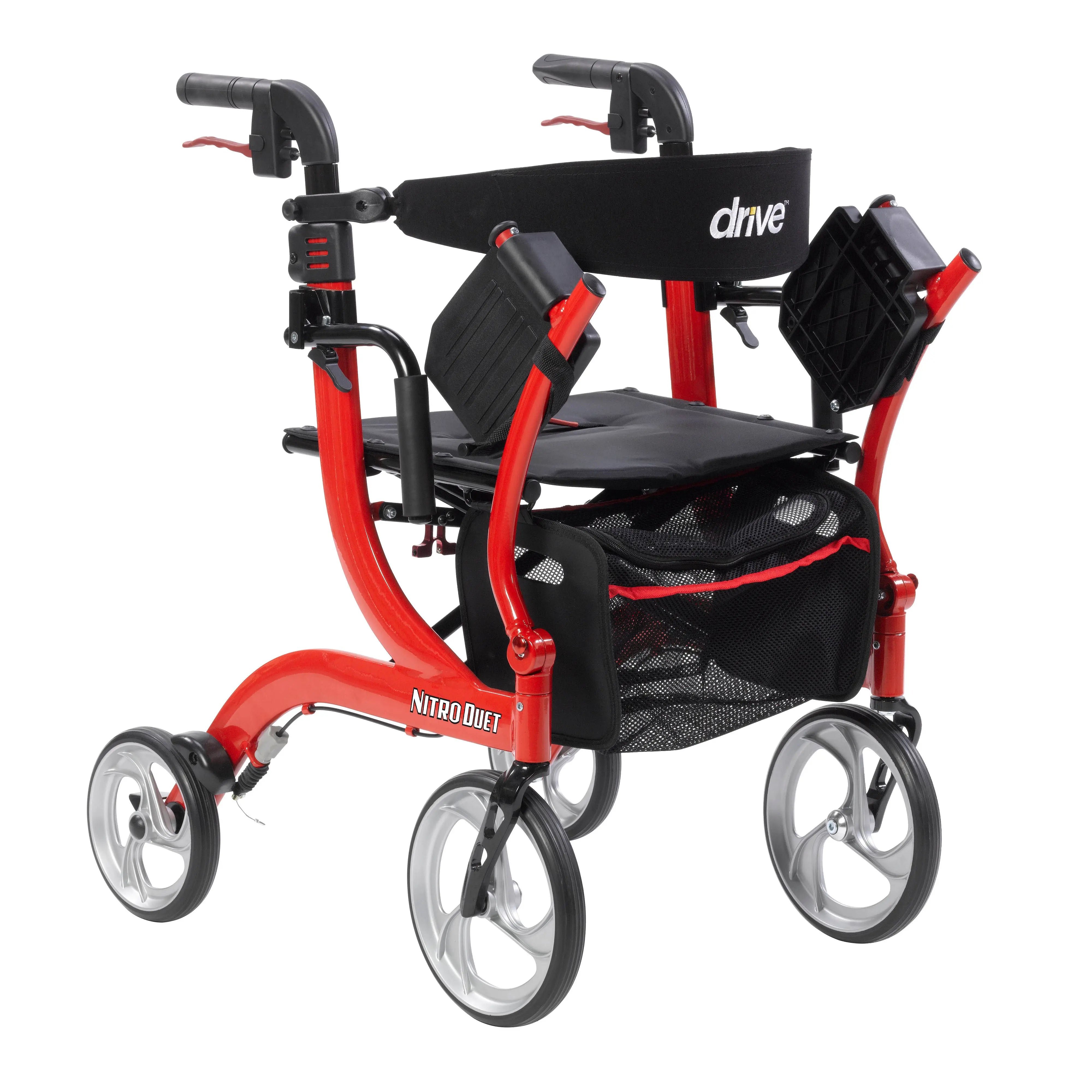 Nitro Duet Dual Function Transport Wheelchair and Rollator Rolling Walker, Red - Home Health Store Inc