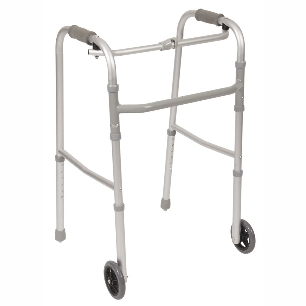 AIR 5051-W EA/1 SINGLE BUTTON FOLDING WALKER, STANDARD WITH TWO WHEELS AND TWO SKIS
