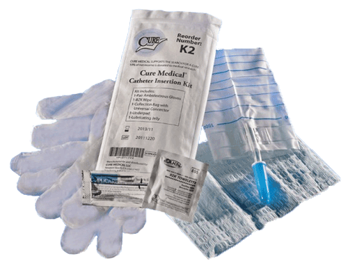 CURE K2 (CS/100) EA/1 CURE CATH INSERTION KIT,  BZK WIPE, GLOVES, UNDERPAD & COLLECTION BAG W/ CONNECTOR